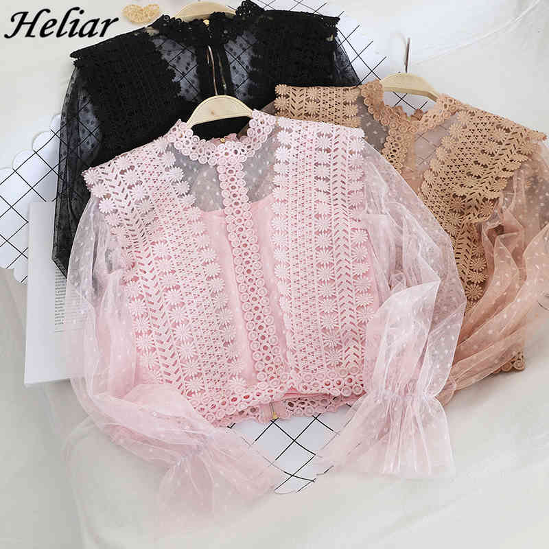 

Women Ladies Mesh Lace Hook Flower Lantern Sleeve Loose Vintage Short Pullover Blouse Shirts Fashion Cute Suit 210518, Skin pink