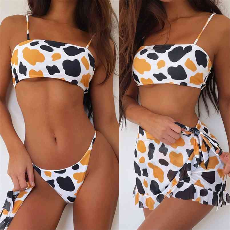 

Sexy Three Piece's Swimsuit Push Up Spot Bikinis Set Yarn Skirt Swimwear Bathing Suits Beachwear Biquini 210722, Two-piece