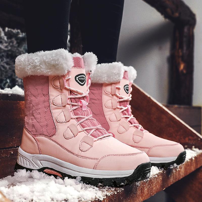 

Boots Women's Medium Tube Boots, Outdoor Waterproof And Winter Large Plush Snow Antiskid High Top Cotton, Black
