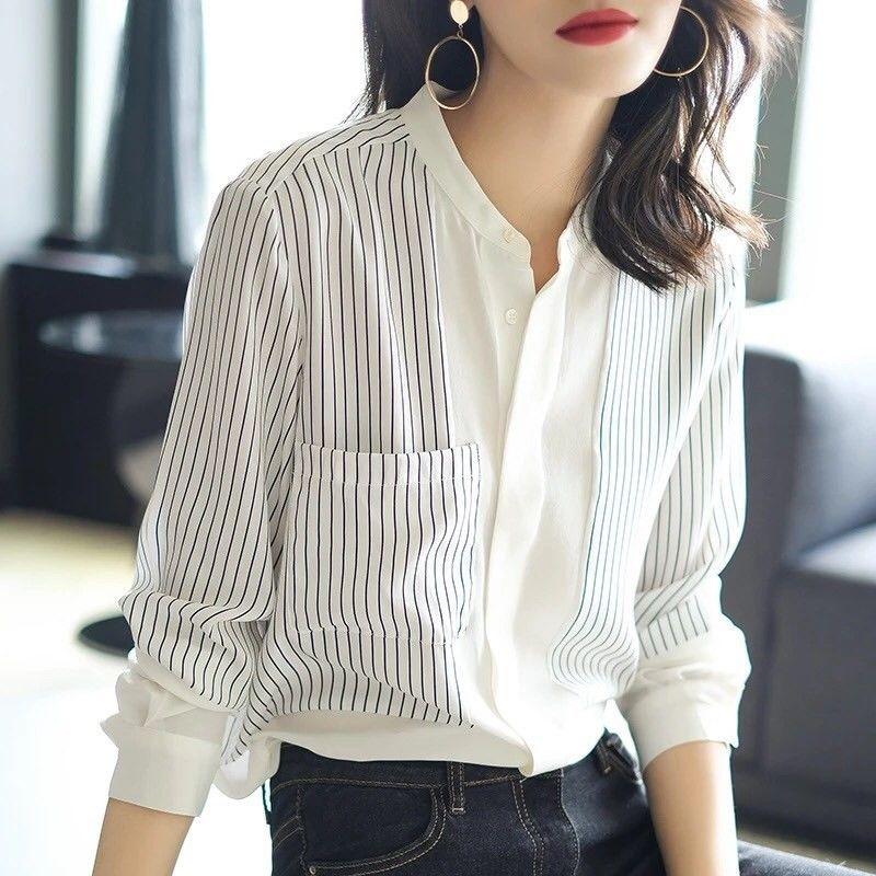 

Women's Blouses & Shirts Spring Autumn Style Chiffon Blouse Shirt O-Neck Striped Button Pockets Elegant Casual Tops SP1368, White