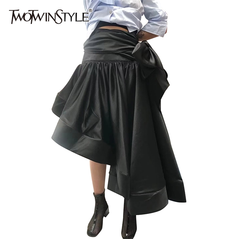 

Black Asymmetrical Patchwork Bowknot Skirt For Women High Waist Ruched Slim Midi Dresses Female Summer Fashion 210521