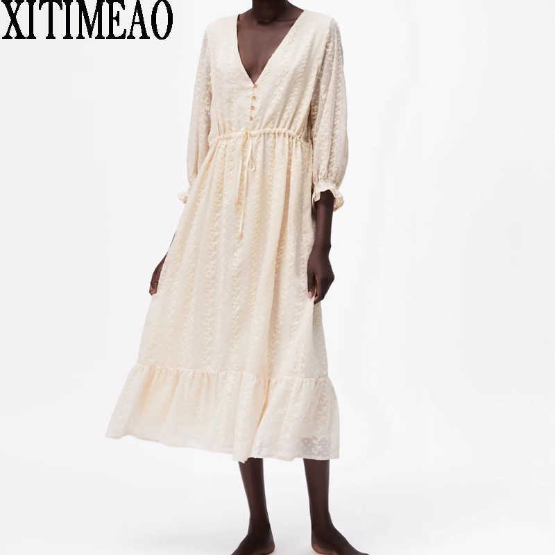 

Za Women Lace Chiffon Dress Short Sleeve Deep V Neck High Waist Slim A Line Skirt Female Holiday Long XITIMEAO 210604, Apricot