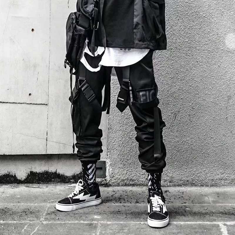 

Joggers Cargo Pants for Men Casual Hip Hop Hit Color Pocket Male Trousers Sweatpants Streetwear Ribbons Techwear Pants 201118