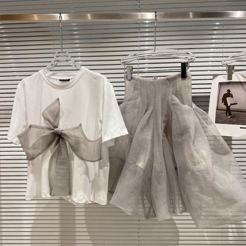 

Women Puff Mesh Ball Gown Skirt Bow Casual Round Collar T-shirt Two Piece Set Fashion Spring Summer 11B652 210525, Gray