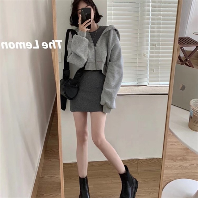 

Grey hooded loose short sweater coat women's fall 2020 new net red top, Black