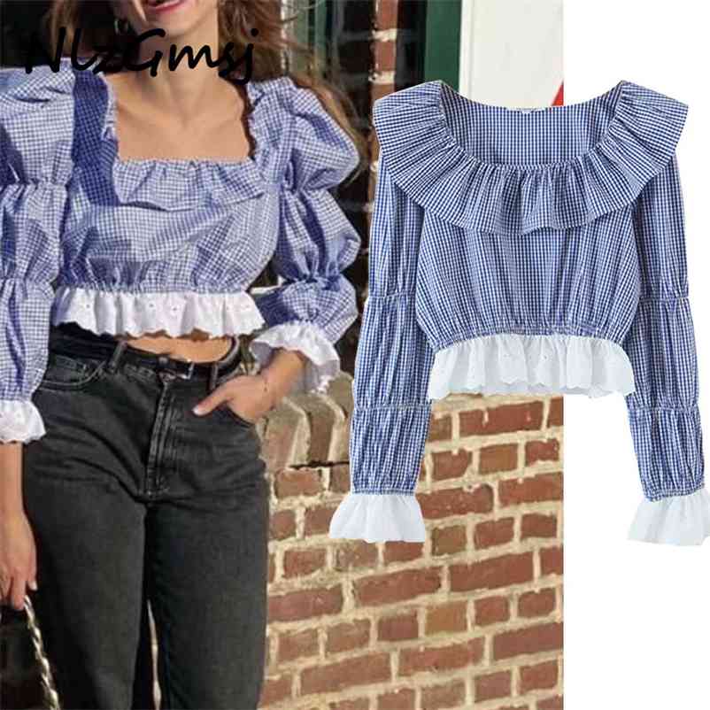 

Blouse Vintage Ruffles Square Collar Women Blue Tartan Harajuku Patchwork Shirt 210628, As picture