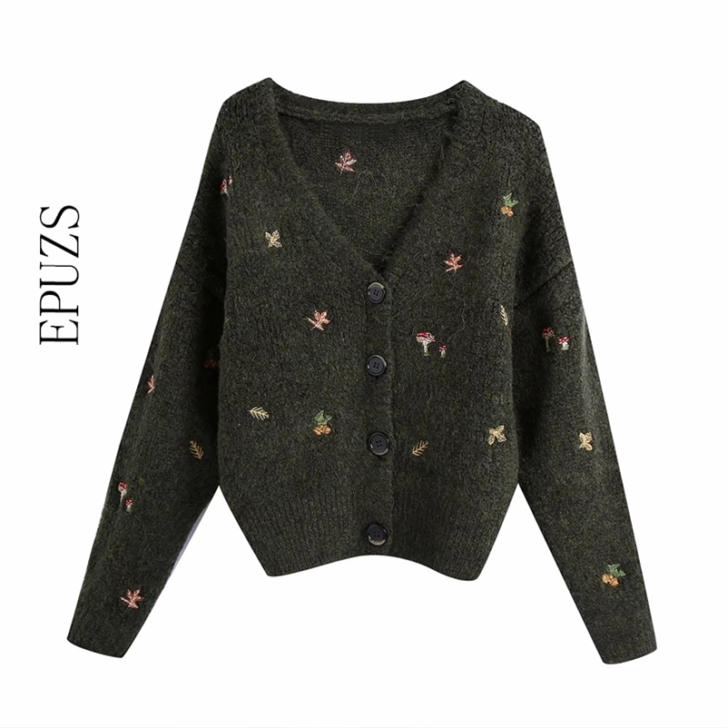 

Za women Vintage knit cardigan embroidery Long sleeves V-neck sweater Cardigan Female Elegant 210521, Army green