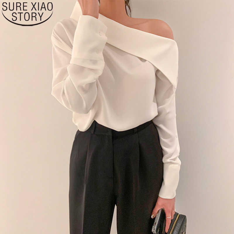 

White Blouse Spring Long Sleeve Fashion Women Blouse Skew Collar Sexy Loose Shirt Blusas Korean Clothes Ladies Tops 13544 210527