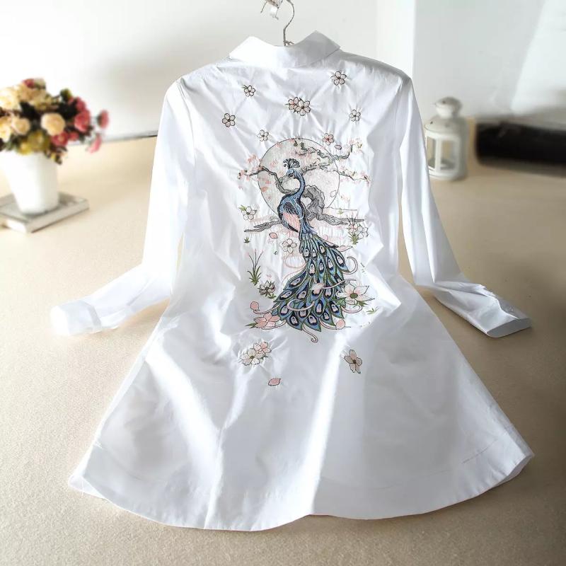 

Women's Blouses & Shirts Back Emboridery Women Summer Design 2021 Chinese Style Long Fashion 100% Cotton Lady White Outwear Top Quality
