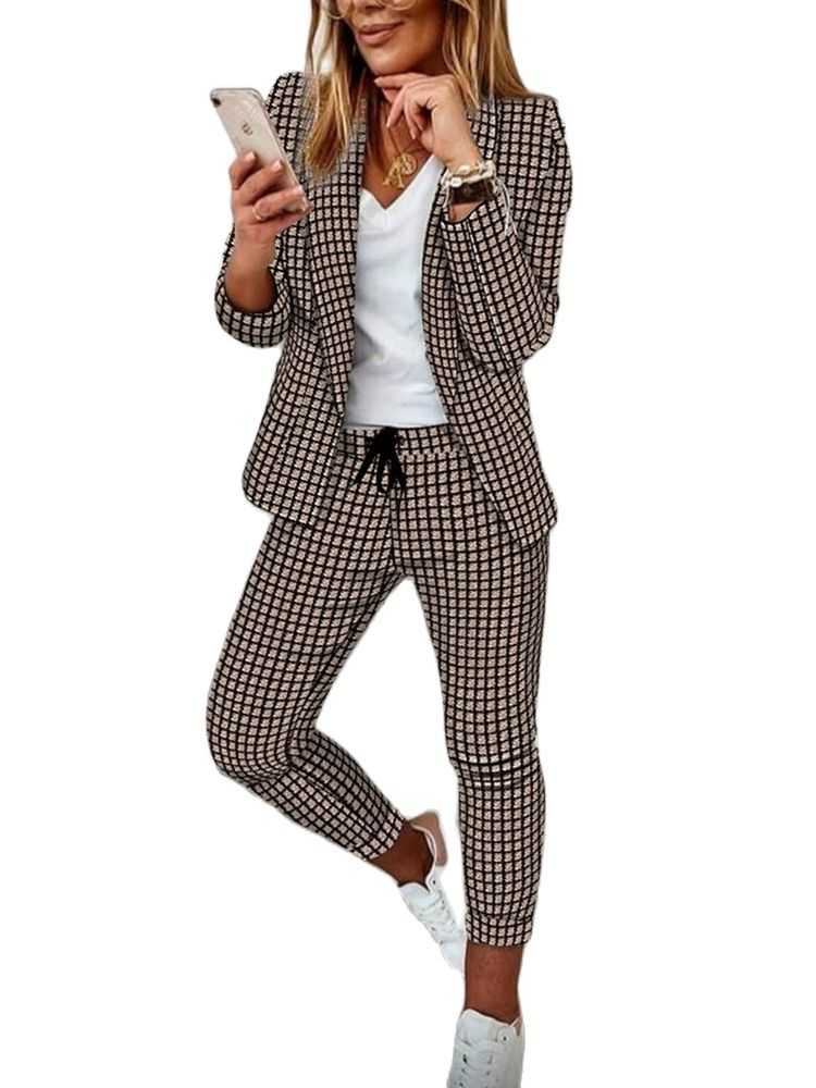 

Women's Two Piece Pants Factory Wholesale Custom Suit Coat Sets Striped Lattice Set Woman Trouser Knitted Warm Female 2021 Office, White