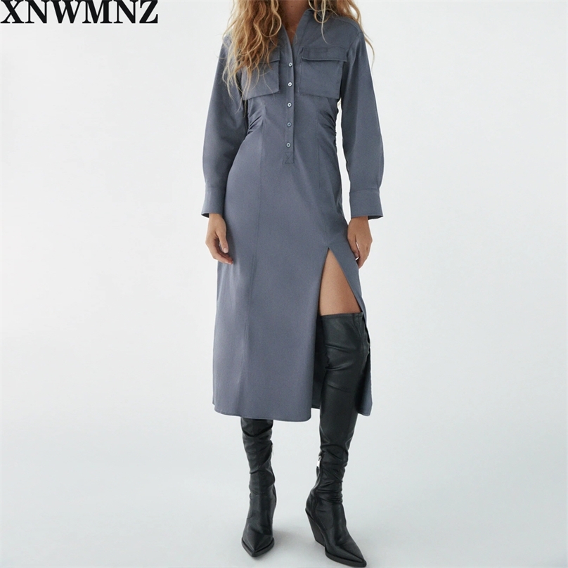 

Women Fashion shirt collared dress pocket waist Gathering Female Chic midi Button-up dresses 210520, Blue grey