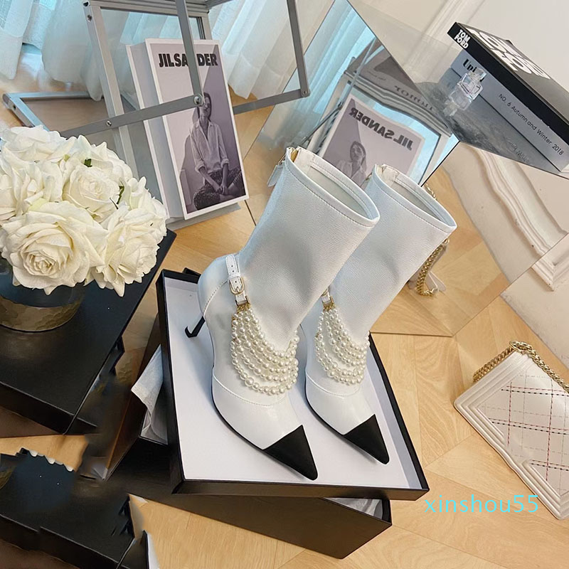 

designer Pearl Chain Womens Ankle Boots Black White Genuine Leather thin Heel Mid-Calf Booties Ladies Party Prom Shoe Luxury