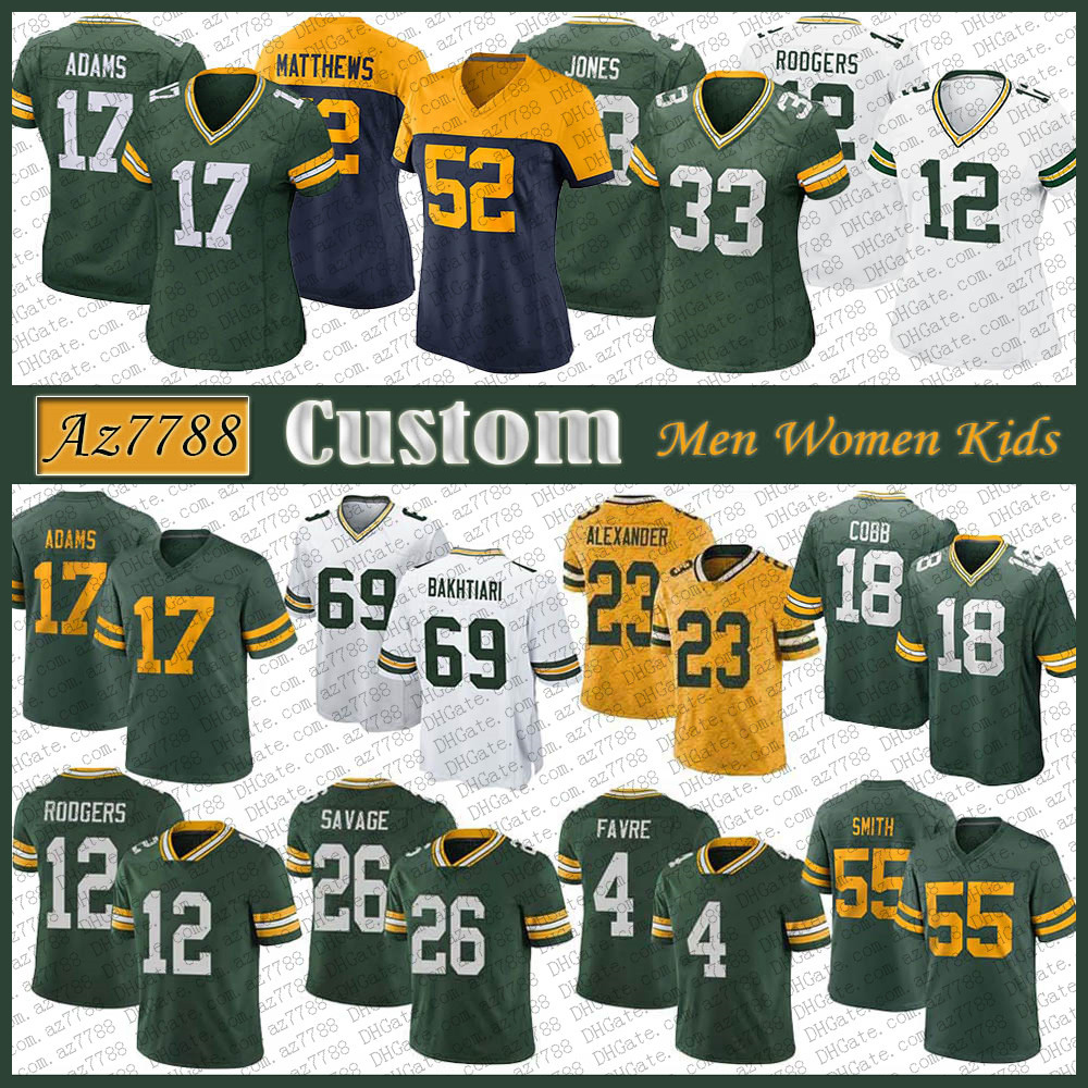 

GB 12 Aaron Rodgers 33 Jones Custom Men Women Kids Football Jersey 17 Davante Adams 23 Jaire Alexander 69 David Bakhtiari 55 ZaDarius Smith 18 Randall Cobb 4 Brett Favre, Shown
