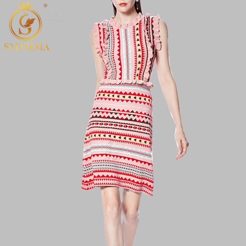 

Women's Stripe Bright Color Summer Knit Vestidos Ruffle Sleeve Sweater Casual Geometry Pattern Dress 210520, Photo color