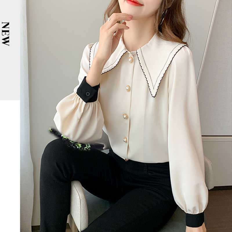 

Korean Fashion Blouse Women Doll Collar Single Row Buckle Long Sleeves Chiffon Tops Small Crowd Design Sense Autumn 210604, White