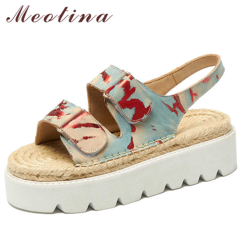 

Meotina Women Sandals Shoes Genuine Leather Sandals Flat Platform Sandals Round Toe Cow Leather Ladies Footwear Summer White 210608, Blue