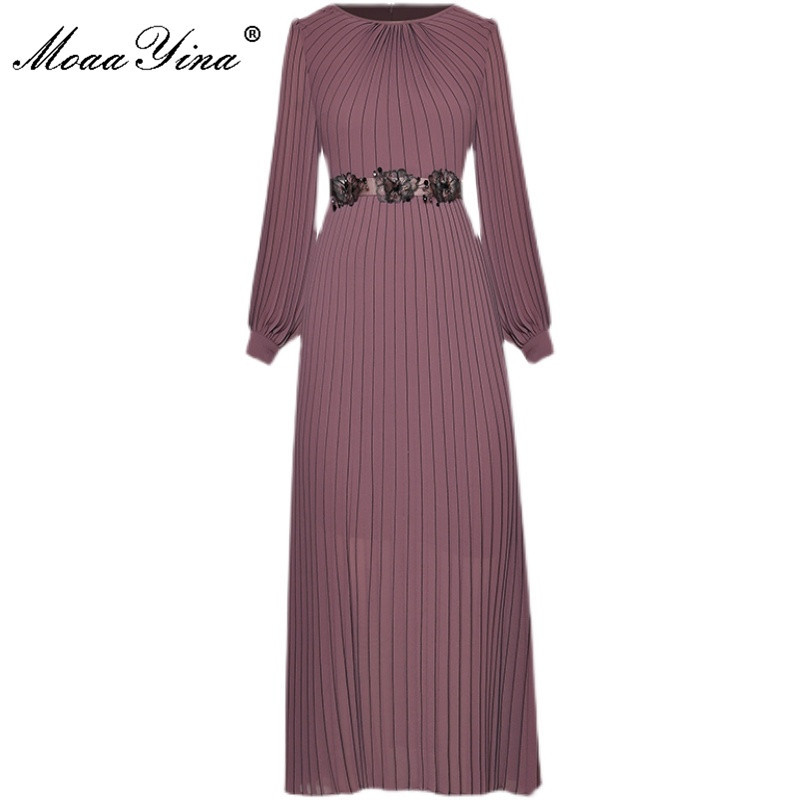 

Fashion Designer dress Spring Women' Dress Long sleeve Beaded lace-up Pleated Maxi Dresses 210524, Lavender