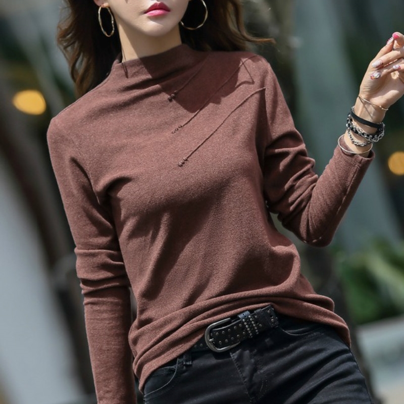 

Korean Style Autumn Turtle Neck T Shirts Women Winter Thick Tshirt Female Long Sleeve T-Shirt Cotton Button Tee Shirt Femme 210603, Pink