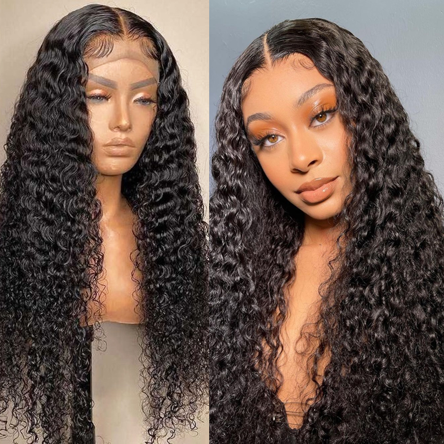 

150 Density Kinky Deep Wave Lace Front Human Hair Wigs for Black Women Transparent Frontal Wig Curly Brazilian Seamless Natural Closure Wig, Natural color