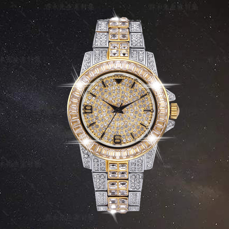 

AAA CZ Bling Diamond Men's Watch Role 18k Gold Plated Ice out Quartz Iced Wrist Watches for Men Male Waterproof Wristwatch Hours, D with box