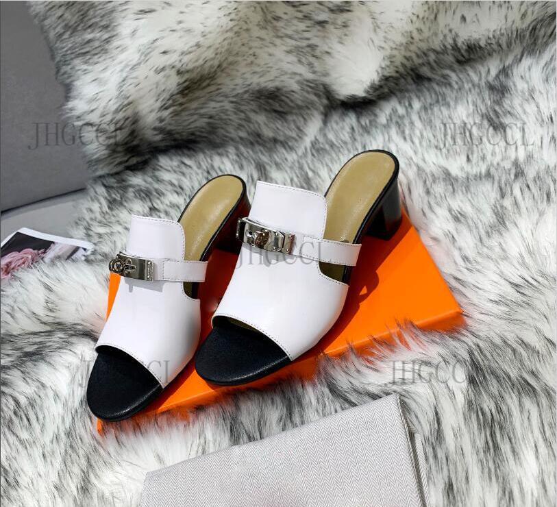 

Real Leather Mid Heels 5CM Slippers Band Women Slides Square Toe 2021 Shoes Ladies Summer Men Sandals Fish Mouth Size 35-44, Black