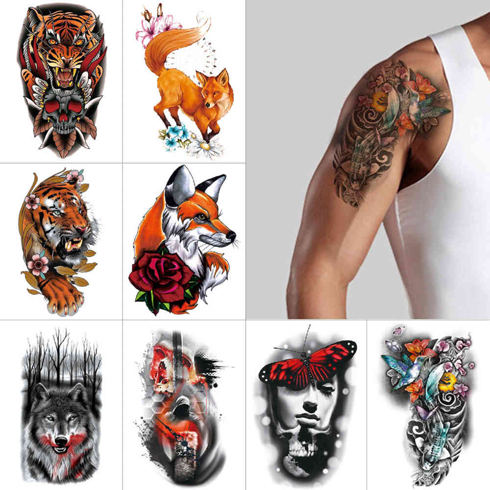 

Temporary tiger arm fake flower fox snake Wolf black wing sticker body art tattoo for Men and women thigh