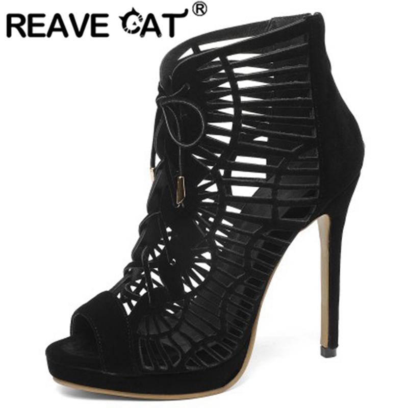 

Sandals REAVE CAT Gladiator Woman Sexy Peep Toe 11.5cm Thin High Heels Cross-tied Lace Up Zipper Big Size 28-54 Party A2968, Black