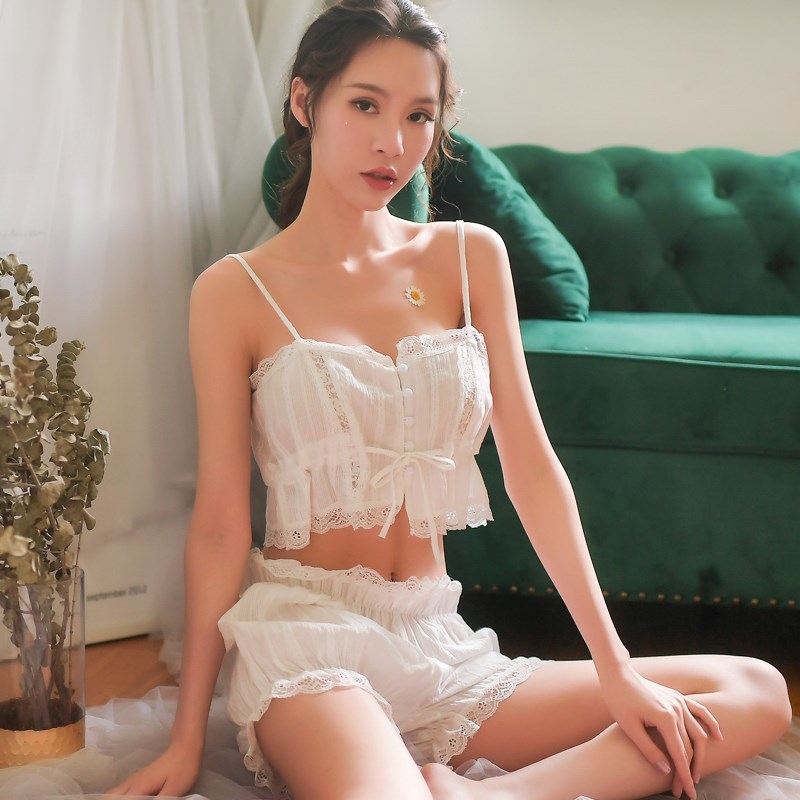

Sexy Pajamas Women' Cotton Jacquard Hollow Micro-transparent Short Paragraph Buckle Strap Shorts Home Suit Pajamas for Women, White