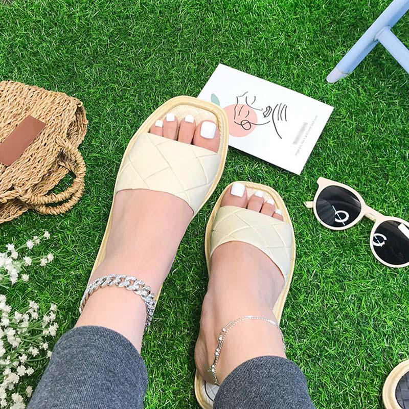 

Slippers 2021 Women Flat Sandals Slipper Square Toe Solid Non Slip Female Beach Casual Checkered Comfortable Ladies Shoes, Gn