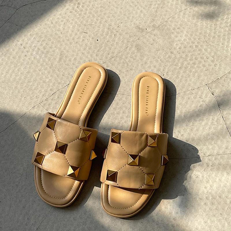 

Slippers Women Summer Flip Flops Shoes 2021 Woman Flat With Rivet Sandals Slides Female Fashion Outside, Black