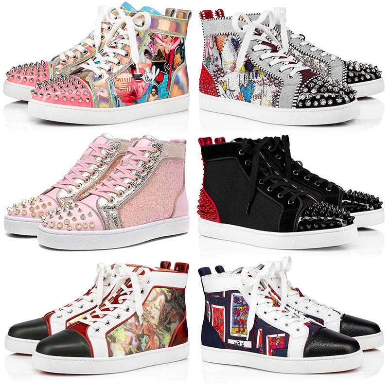 

Men Dress Shoes Louboutin Fashion Flat Luxurys Red Bottoms Black Blue Green White Spikes Loafers Graffiti Sneakers Newest Desinger Diamonds Glitter Trainers, 38