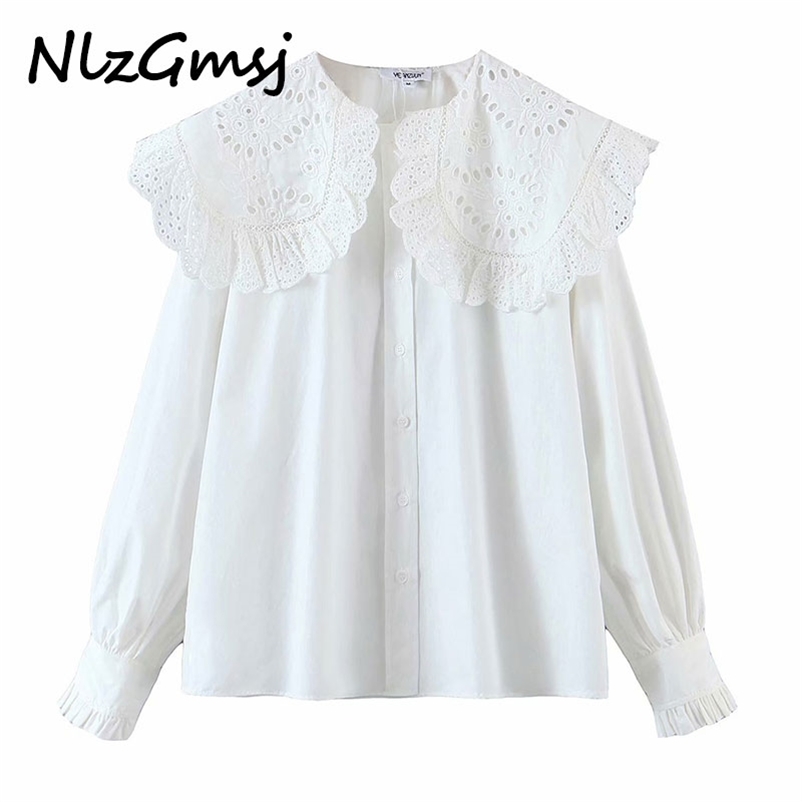 

Nlzgmsj White Lace Embriodery Turn Down Collar Blouses Top Lantern Sleeve French Ladies Vintage Cotton 210628, As picture