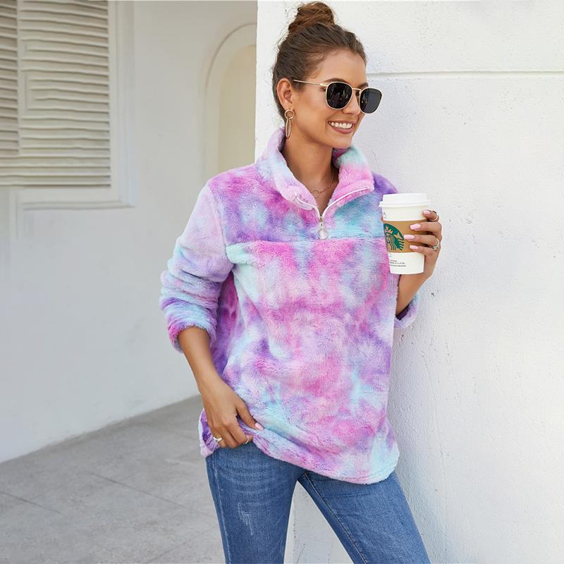 

Women' Hoodies & Sweatshirts Rainbow Color Plush Long-sleeved Hoodie Women Zipper Decorative Lapel Straight-leg Fashion Hooded Female 2021, Purple