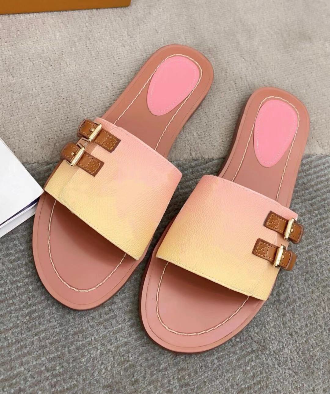 

Watercolor Escale Lock It Flat Slippers 2021 Women Designer Colorful Patent Canvas Laces dip-dyed leather lace with buckles Outsole Sandals 35-42, Black