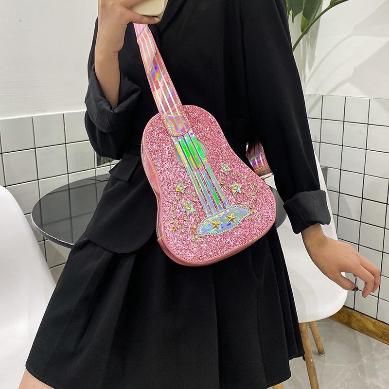 

Evening Bags 2021 Summer Style Small Fresh Personality Laser Sequin Diamond Dream Violin Guitar Shape Shoulder Bag Female Handbag