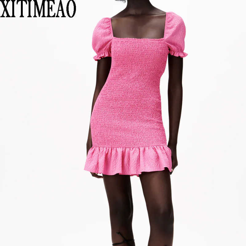 

Za Summer Vintage Ruffles Pleated Slim Dres Casual Short Sleeve Female Mini Party 210604, Pink