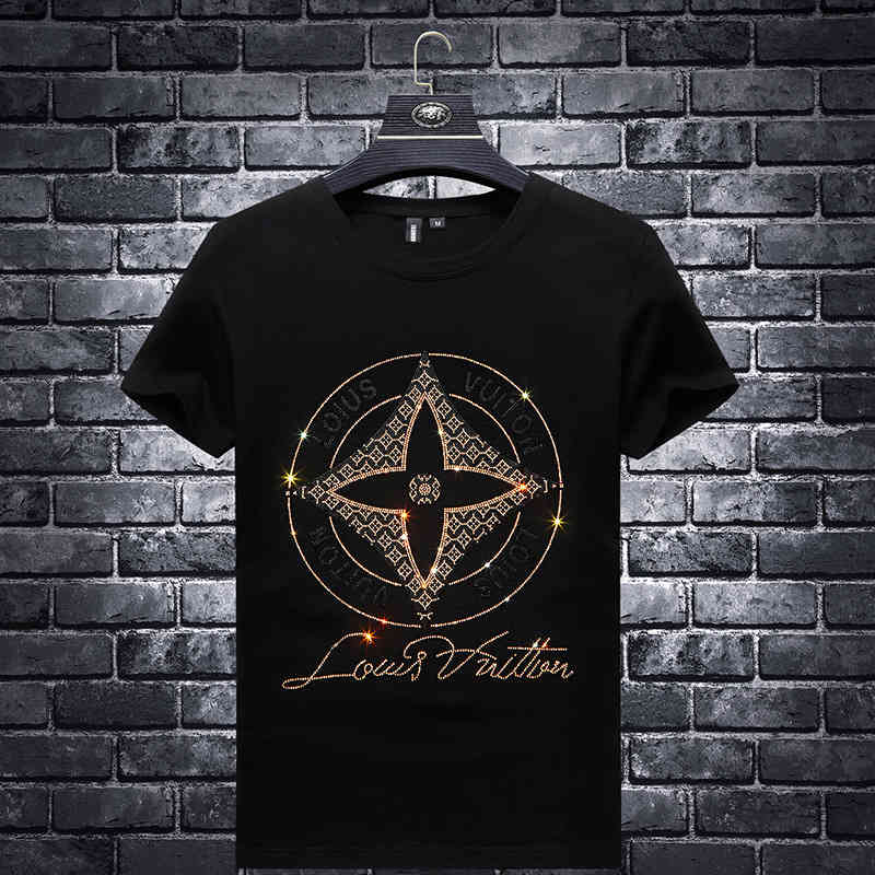 Fashion T Shirt European 2021 Summer Drill Men&#039;s Short Sleeve Youth Slim Fit Korean Round Neck Thin-image-710901701
