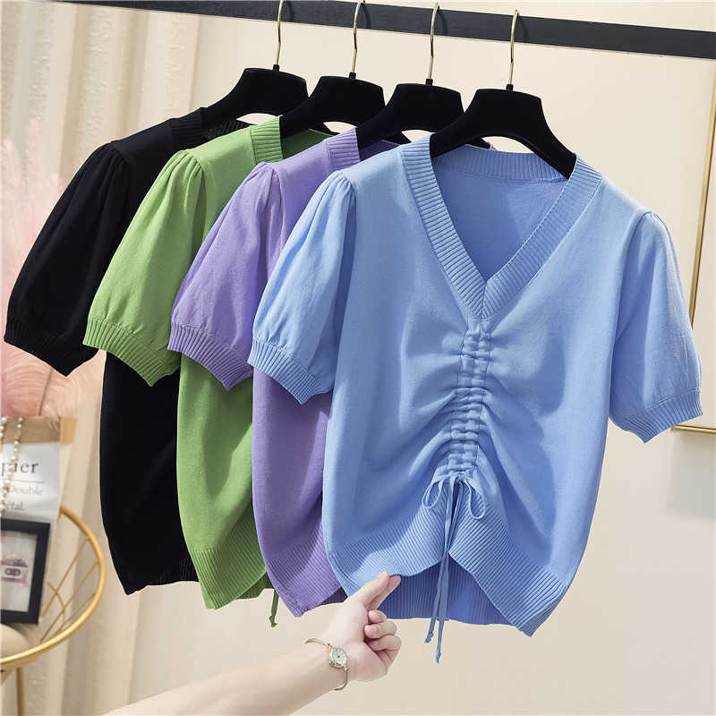 

4XL Casual Sexy solid Knitted Short Sleeve Tops Women Summer Thin Short T-Shirt Fashion Plus Size 4XL V-Neck Tees Female 210604, Purple