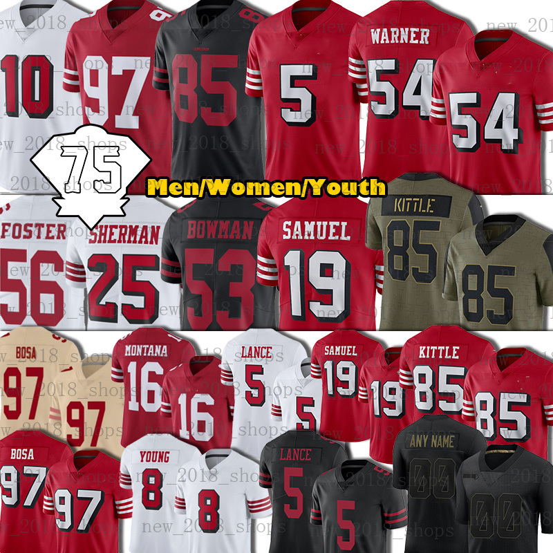 

85 George Kittle 19 Deebo Samuel Football Jersey 97 Nick Bosa 5 Trey Lance 54 Fred Warner 10 Jimmy Garoppolo 80 Jerry Rice 44 Kyle Juszczyk Moseley Verrett 8 Steve Young, Custom men jersey(49)