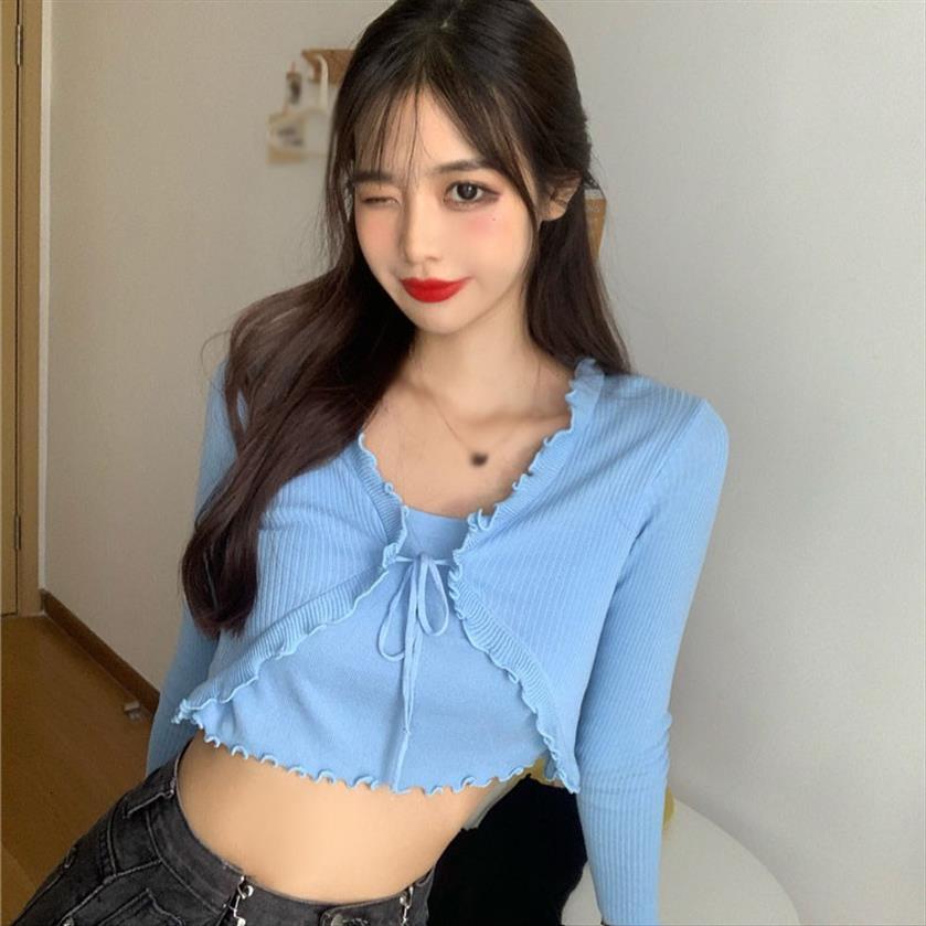 

two piece knitted with womens sweater wood ears for women long sleeves candy color autumn and winter., White;black