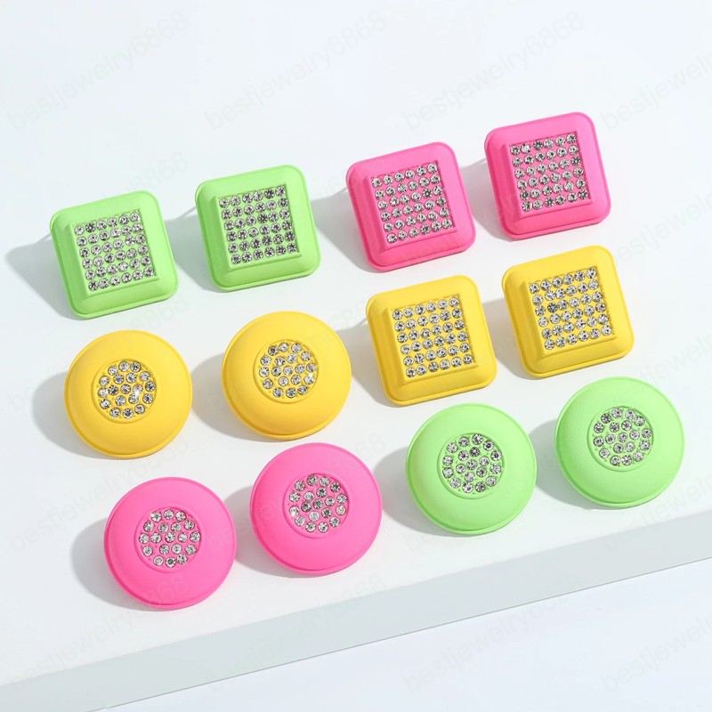 

2021 Trendy Colorful Enamel Rhinestone Geometric Round Square Stud Earrings for Women Cute Statement Jewelry Gifts