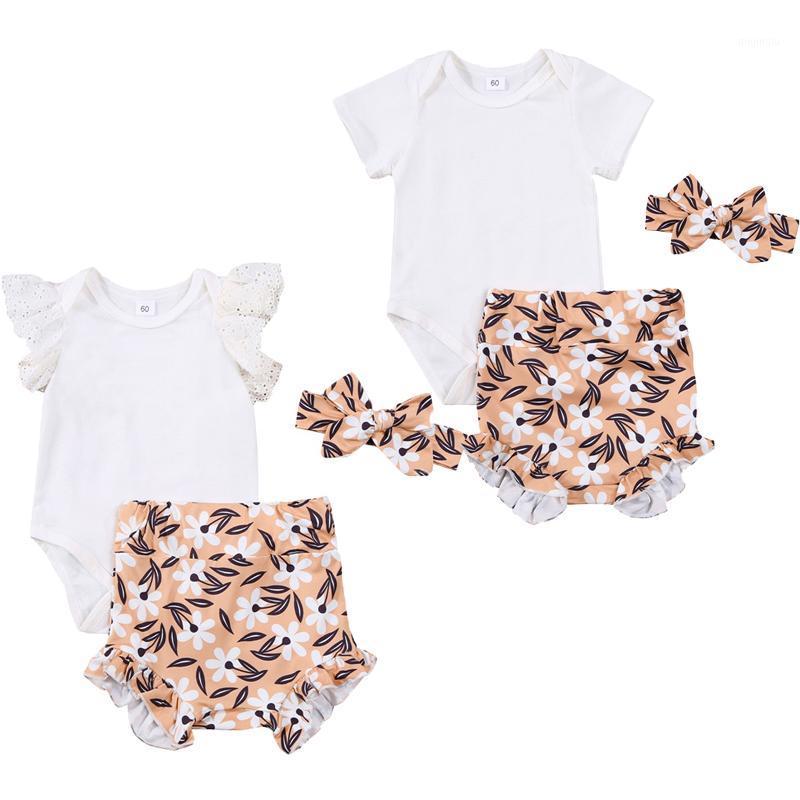 

Toddler Born Baby Girl Clothes Girls White Solid Color /Short Sleeve Romper High Waist Flower Printed Shorts Headband Clothing Sets