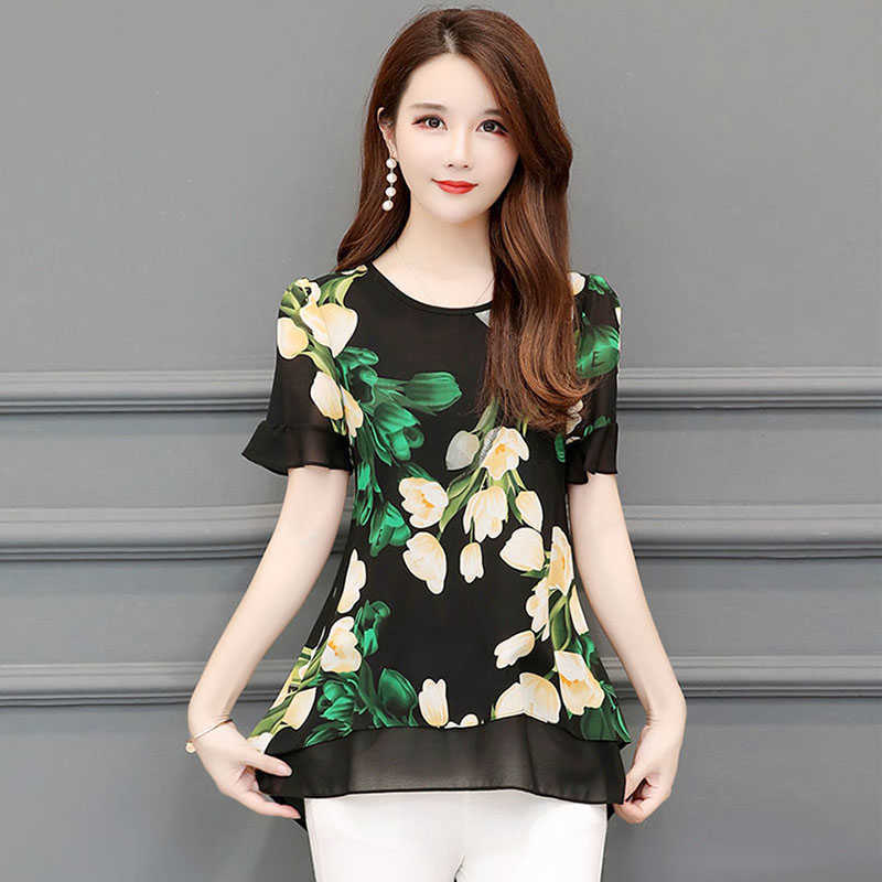 

Women Spring Summer Style Chiffon Blouses Shirts Lady Casual Short Sleeve Flower Printed O-Neck Blusas Tops DF2916 210609, Green