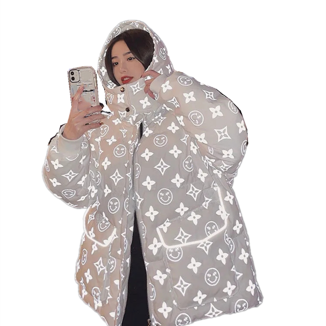 

new net red down cotton clothes women middle and long korean loose laser reflective strip light sense printed bread, Black