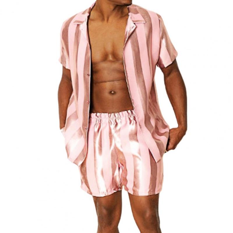 

Men's Tracksuits Casual Silk Outfits 2021 Summer Beach Fashion Striped Print Two Piece Sets Men Short Sleeve Shirts And Shorts Suit, Black