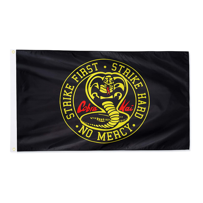 

Cobra Kai Strike First Hard No Mercy 3x5ft Flags 100D Polyester Banners Indoor Outdoor Vivid Color High Quality With Two Brass Grommets