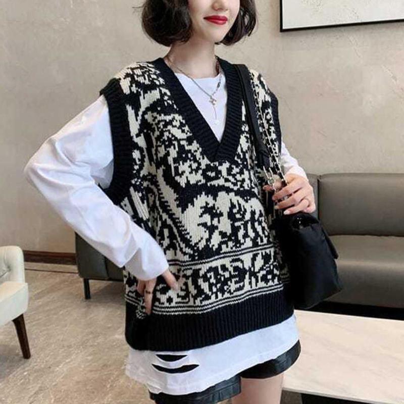 

Women's Sweaters Sweater Vest Knitted Women Vintage Printed Sleeveless Korean Style Ladies Casual V-Neck Loose Elegant Female Tops, White;black