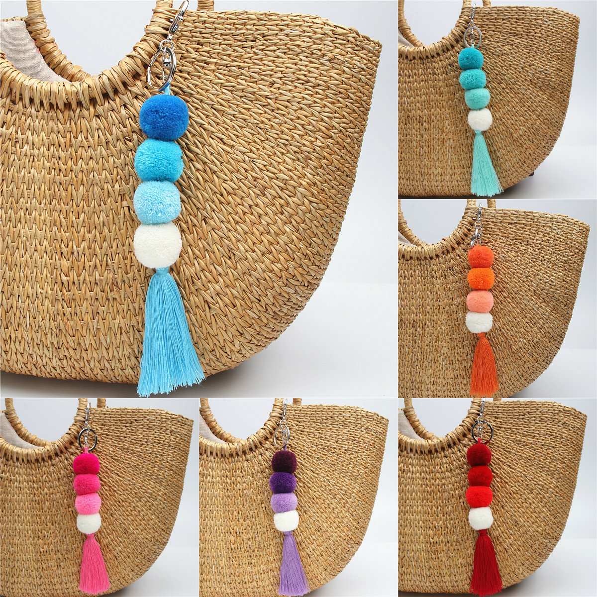 

1pc Women Cute Pom Pom Keychain Bag Charms With Tassel Purse Charms Boho Keyring Neon Pink Mint Lanyards