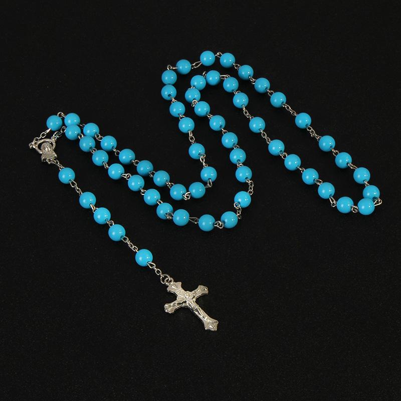 

Pendant Necklaces 8mm Handmade Round Glass Beads Catholic Rosary Quality Cross Bead Necklace Religious