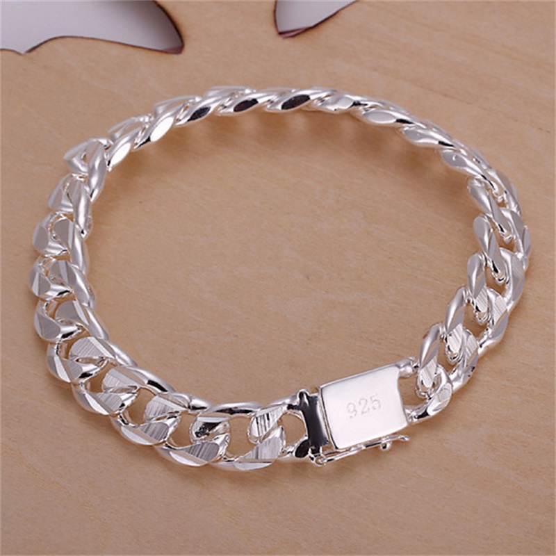 

10MM square buckle side body pattern hand - men's s sterling silver plated bracelet ; men and women 925 silver bracelet 591 Q2, Black